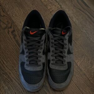 Nike Dark Gray and Black Shoes with Red Swoosh